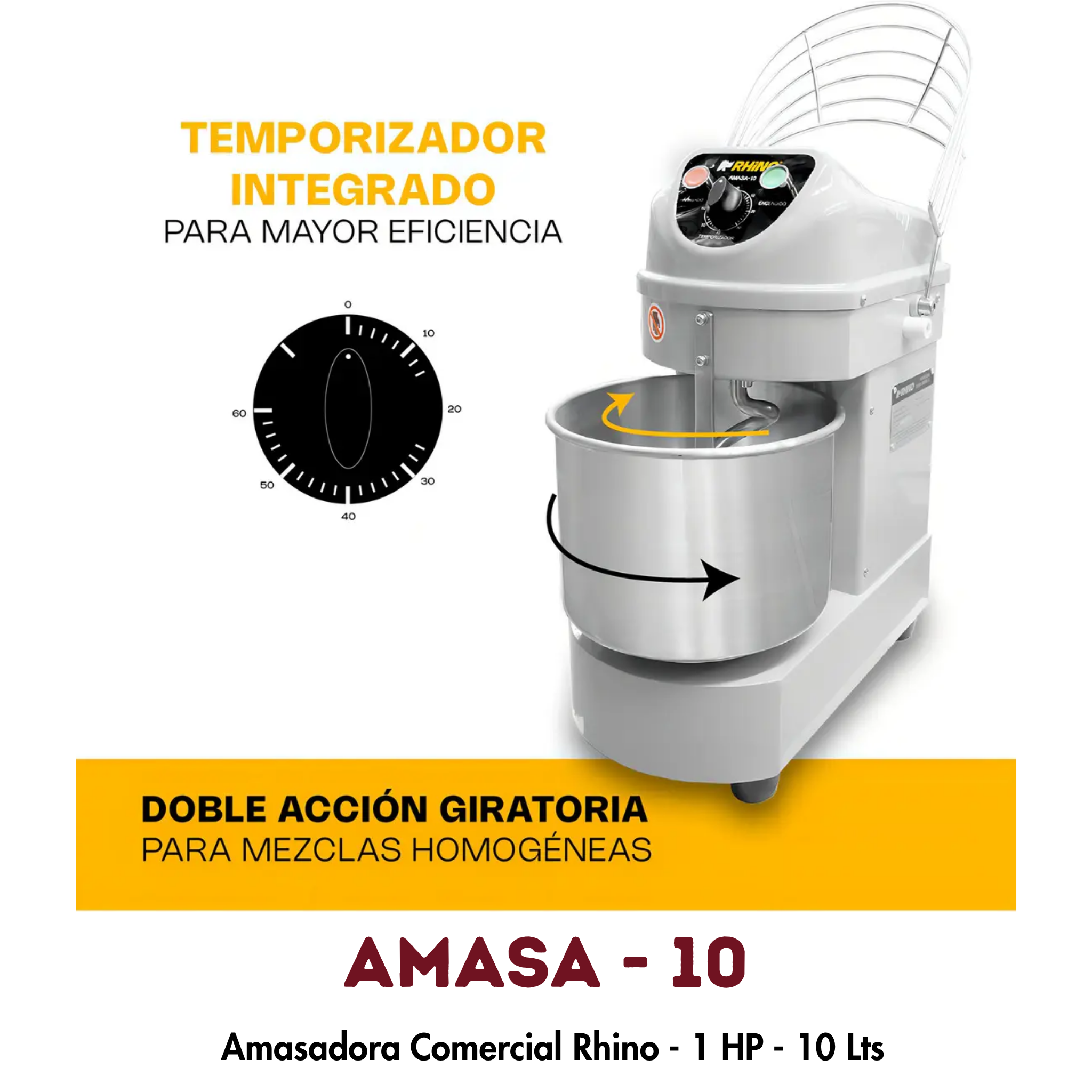 Amasadora Rhino AMASA-10 | 10 Litros, Doble Acción Giratoria, 1 HP