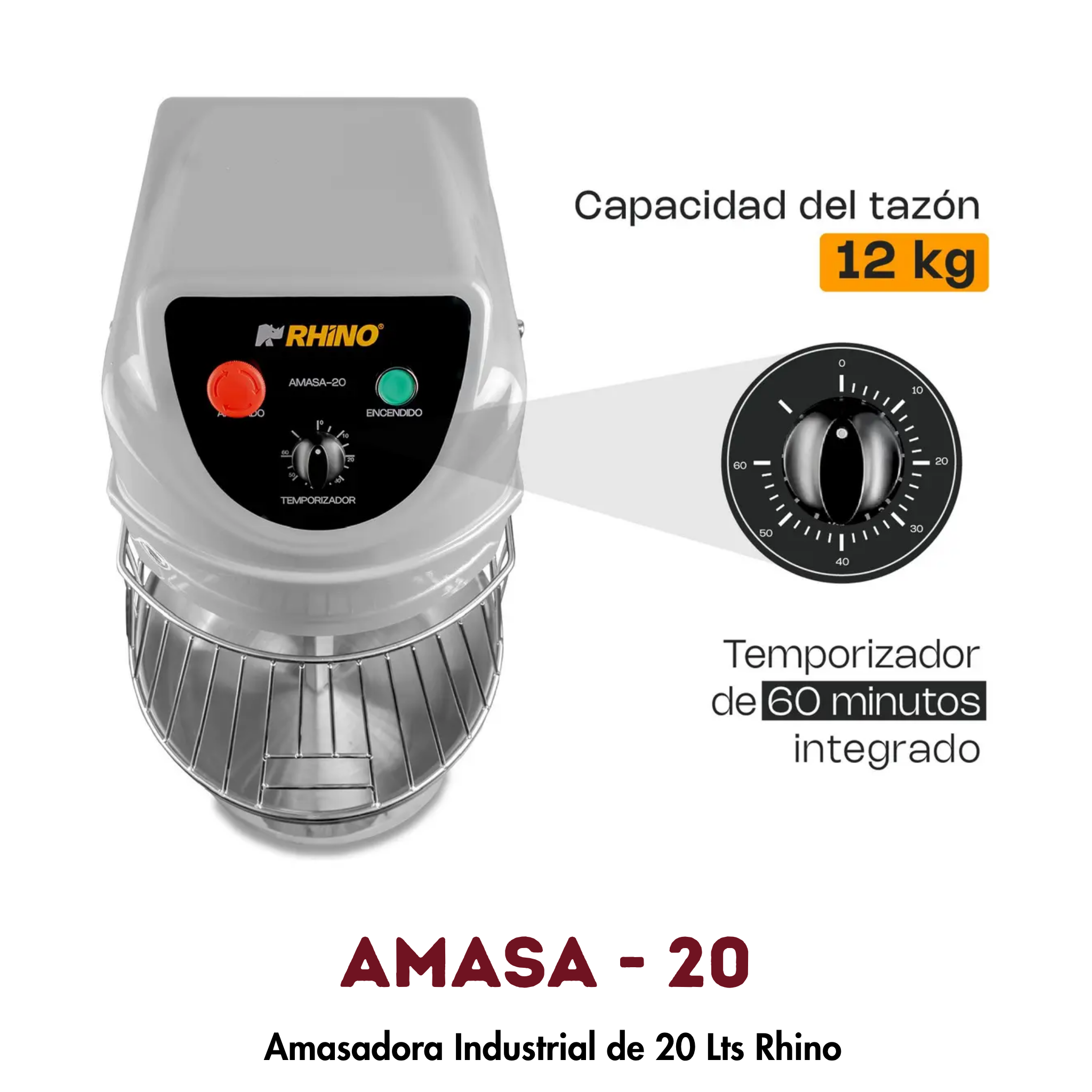 Amasadora Rhino AMASA-20 | 20 Litros, Doble Acción Giratoria