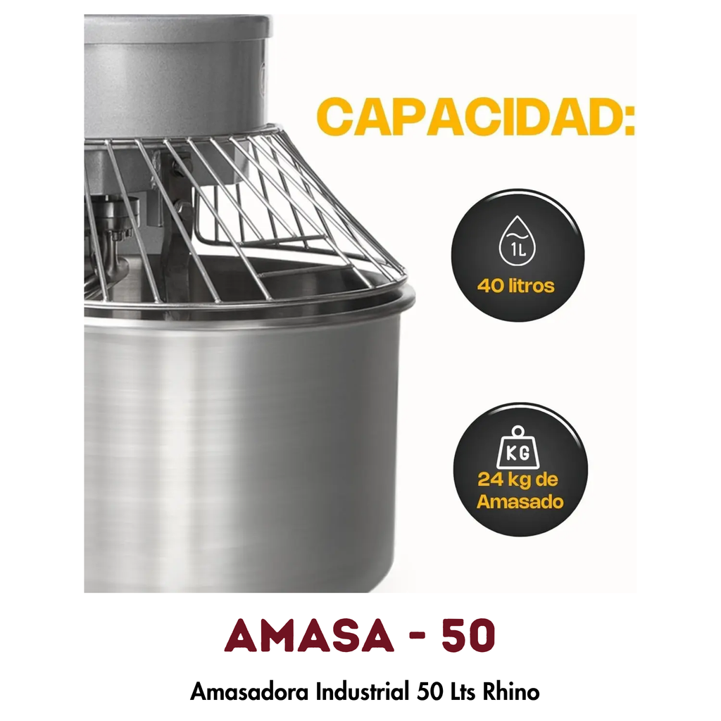 Amasadora Rhino AMASA-50 | 50 Litros, Doble Acción Giratoria Bifásica