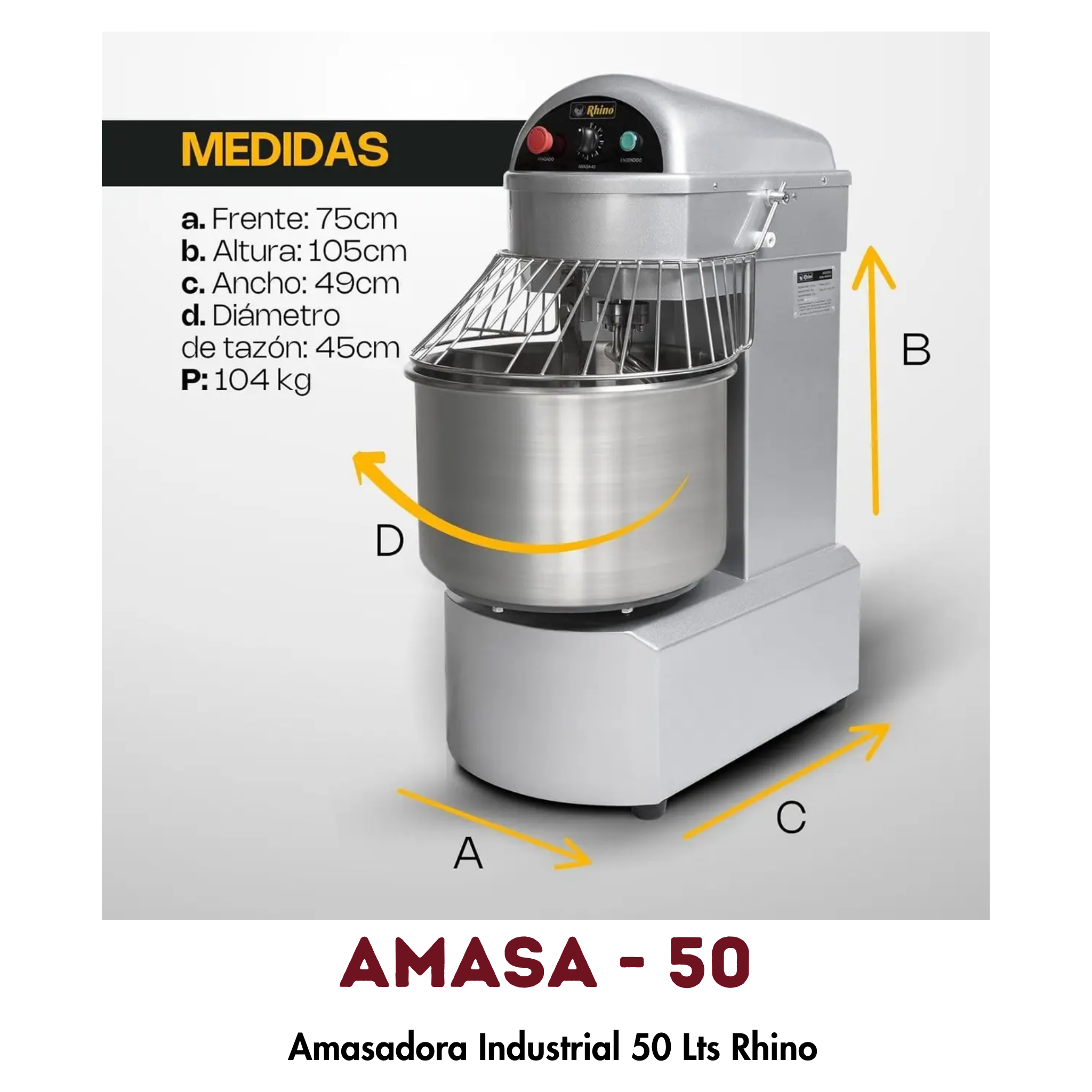 Amasadora Rhino AMASA-50 | 50 Litros, Doble Acción Giratoria Bifásica