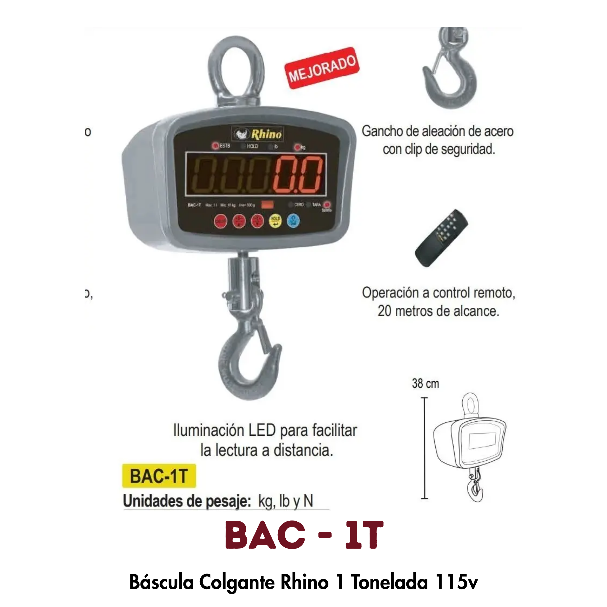 Báscula Colgante Rhino BAC-1T | 1,000 kg, Control Remoto y Función HOLD