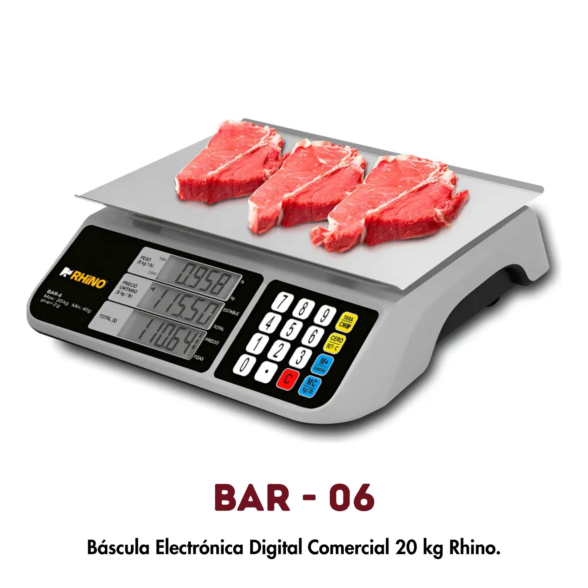 Báscula Electrónica Digital Comercial 20kg Rhino Bar-6 Gris, Precisión 2 gramos, Pantalla LCD, Batería Recargable, Charola Acero Inoxidable Cocina Negocio