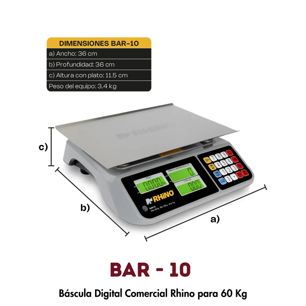 Báscula Rhino BAR-10 | 60 kg, Puerto USB para Conexión POS