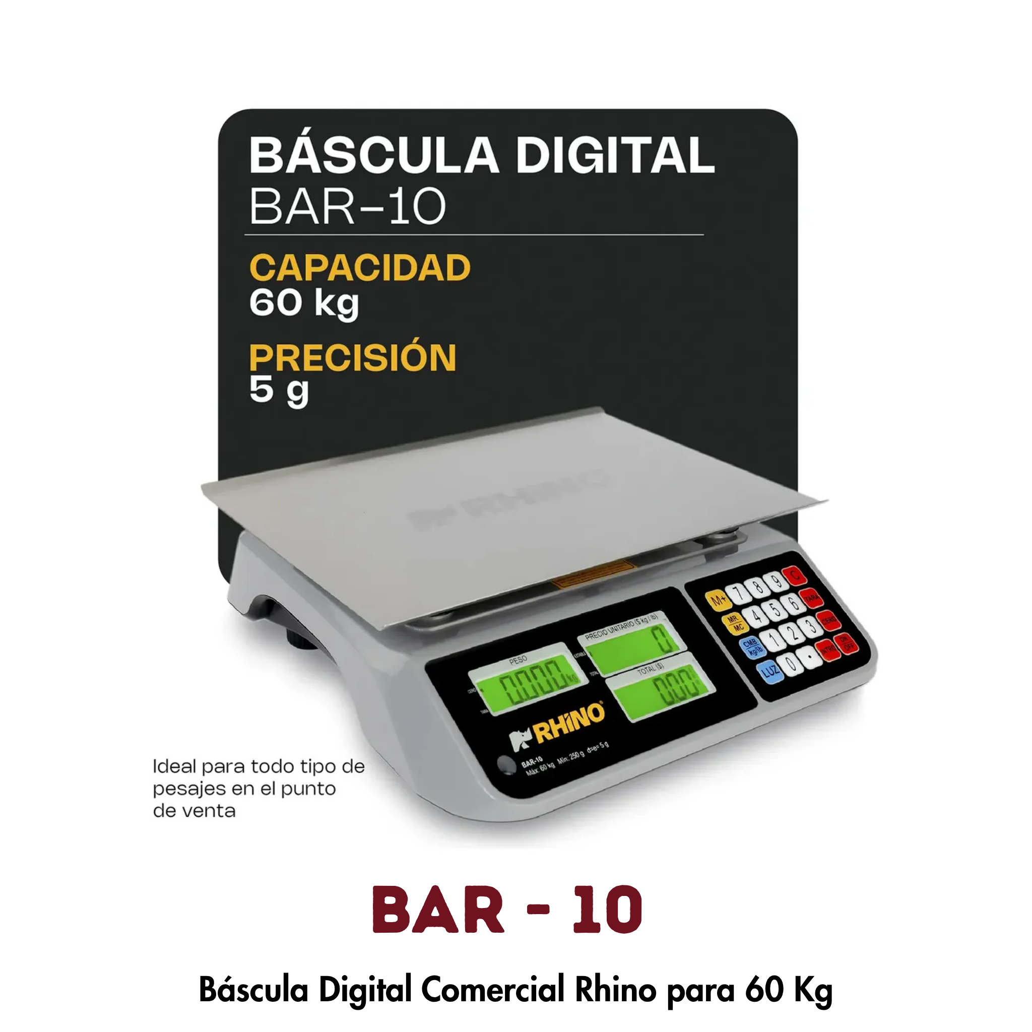 Báscula Rhino BAR-10 | 60 kg, Puerto USB para Conexión POS