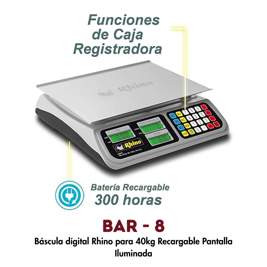 Báscula Digital Peso-Precio para 40kg Rhino Bar-8 Recargable Pantalla Iluminada