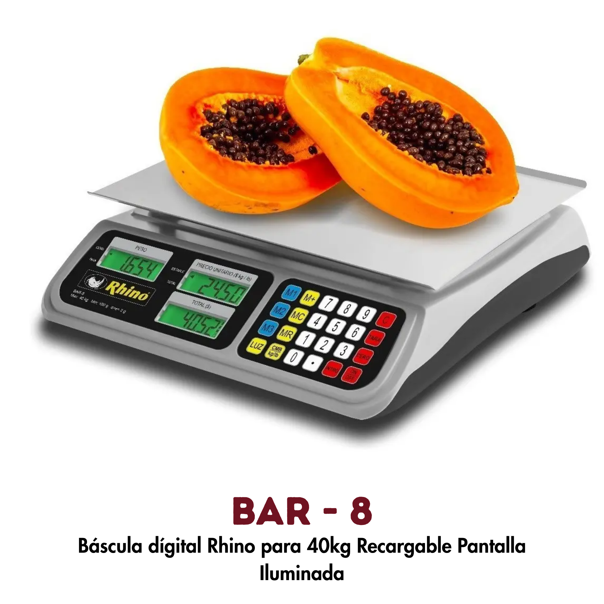 Báscula Digital Peso-Precio para 40kg Rhino Bar-8 Recargable Pantalla Iluminada