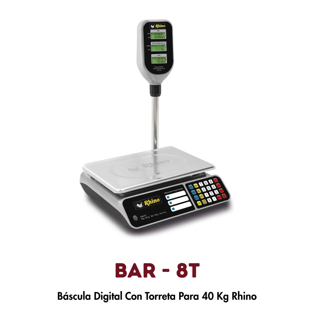 Báscula Rhino BAR-8T 40 kg | Función Caja Registradora y Torreta con Pantalla Dual