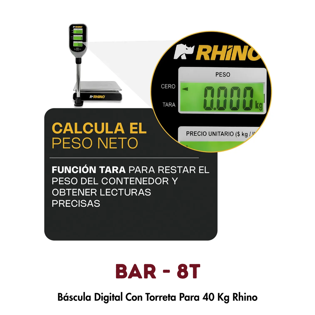 Báscula Rhino BAR-8T 40 kg | Función Caja Registradora y Torreta con Pantalla Dual