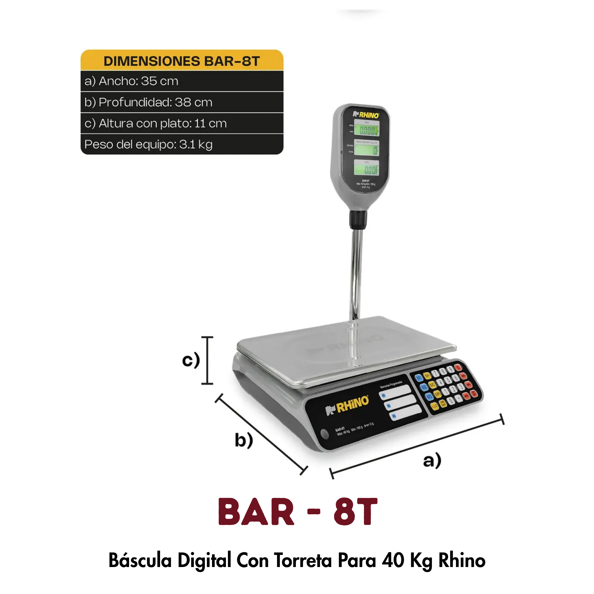 Báscula Rhino BAR-8T 40 kg | Función Caja Registradora y Torreta con Pantalla Dual