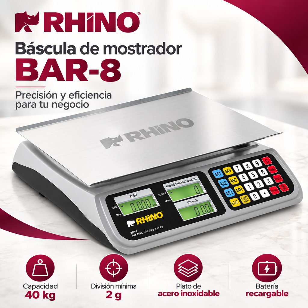Báscula Rhino BAR-8 40 kg Digital con Batería y Función TARA l CAJA DAÑADA