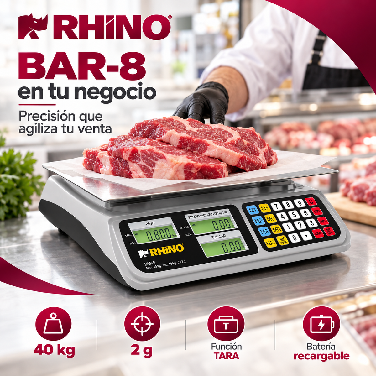 Báscula Rhino BAR-8 40 kg Digital con Batería y Función TARA l CAJA DAÑADA