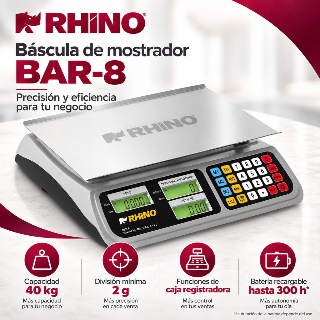 Báscula Rhino BAR-8 40 kg Digital con Batería y Función TARA l CAJA DAÑADA