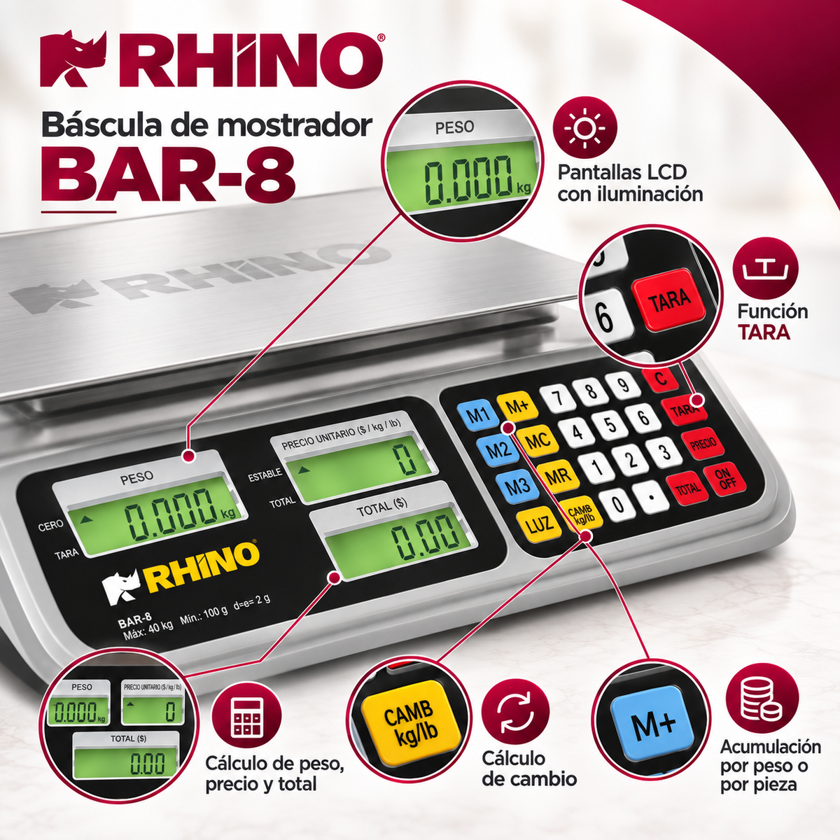 Báscula Rhino BAR-8 40 kg Digital con Batería y Función TARA l CAJA DAÑADA
