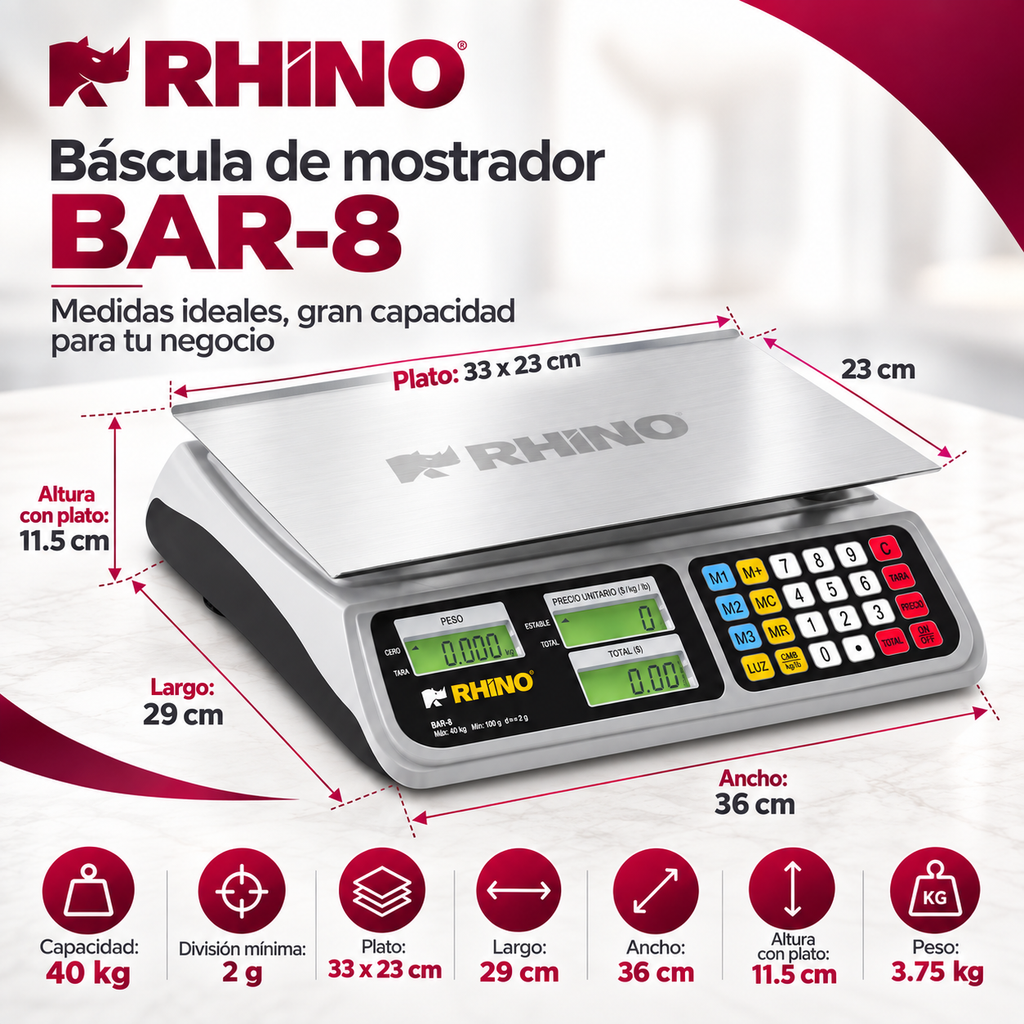 Báscula Rhino BAR-8 40 kg Digital con Batería y Función TARA l CAJA DAÑADA