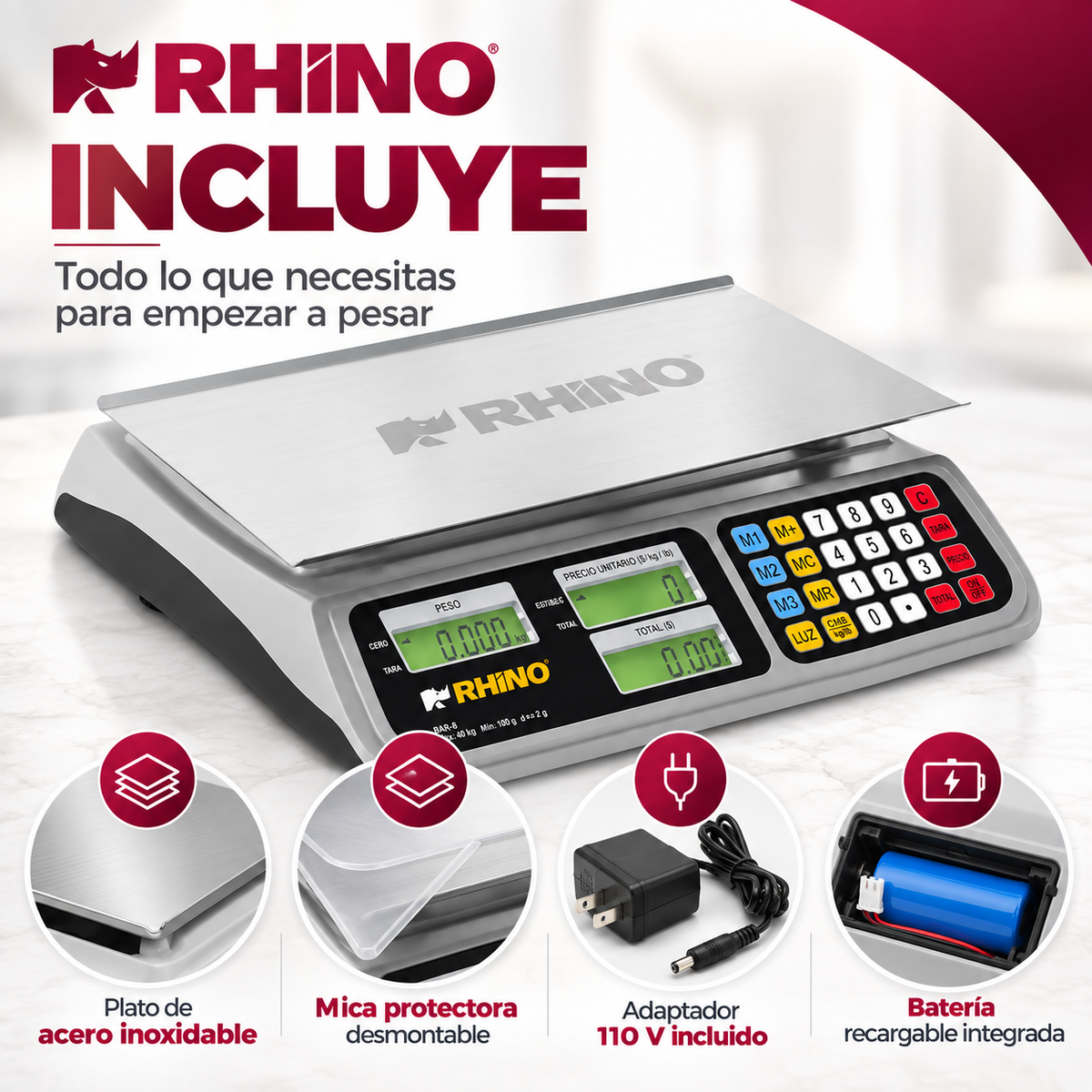 Báscula Rhino BAR-8 40 kg Digital con Batería y Función TARA l CAJA DAÑADA