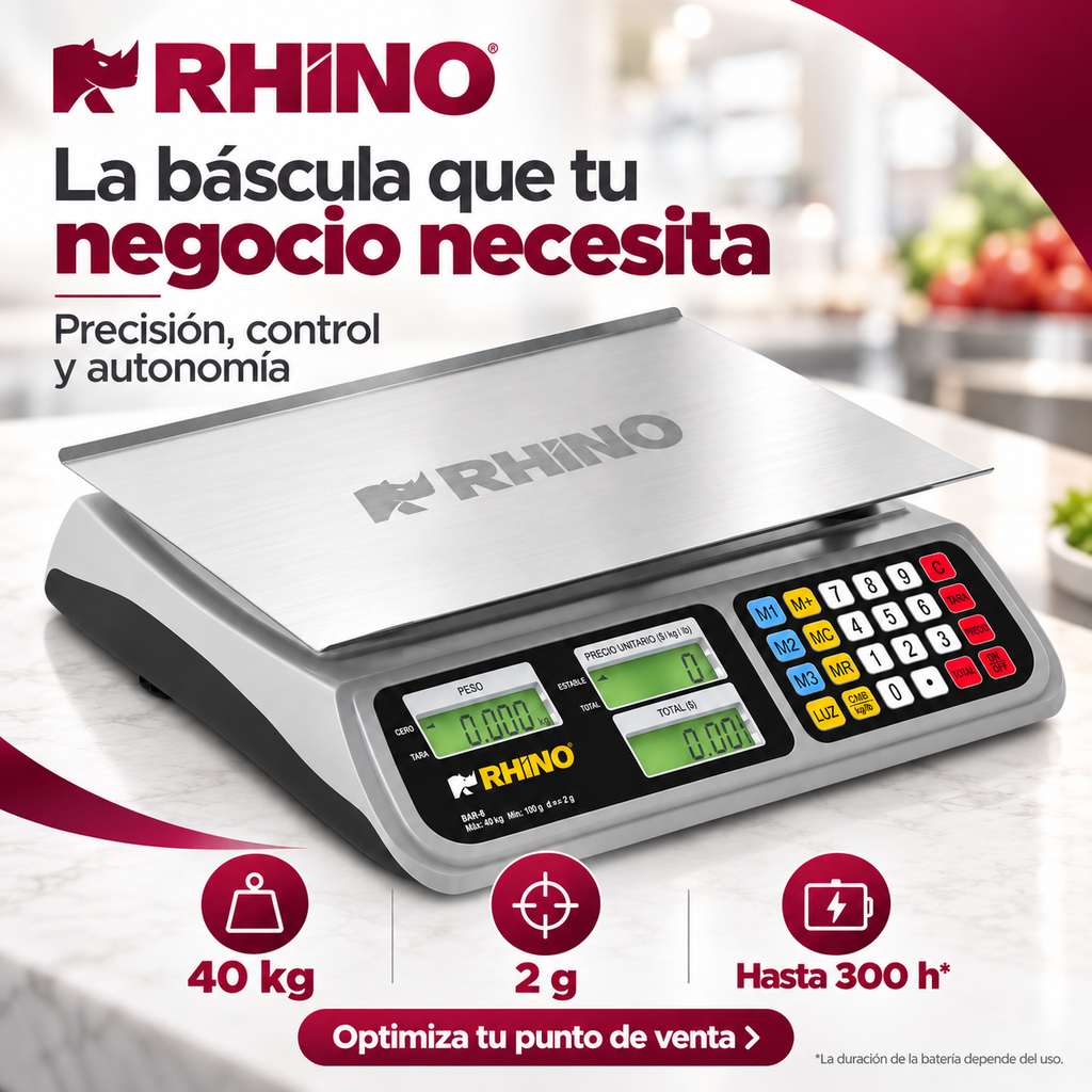 Báscula Rhino BAR-8 40 kg Digital con Batería y Función TARA l CAJA DAÑADA