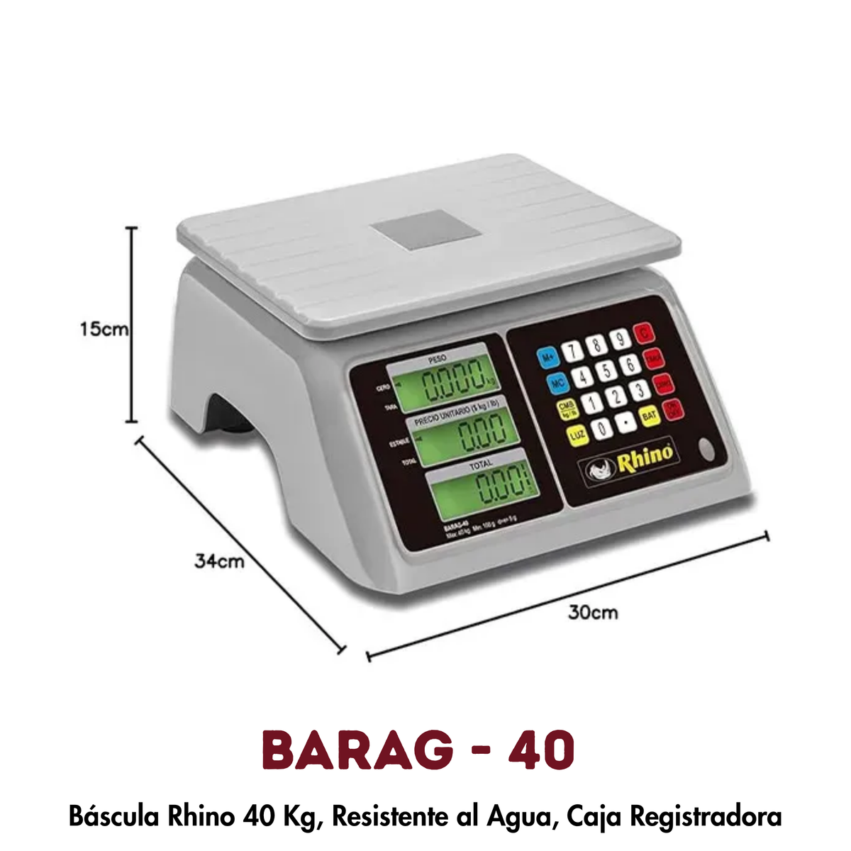 Báscula Rhino BARAG-40 | 40 kg, Resistente al Agua, Caja Registradora