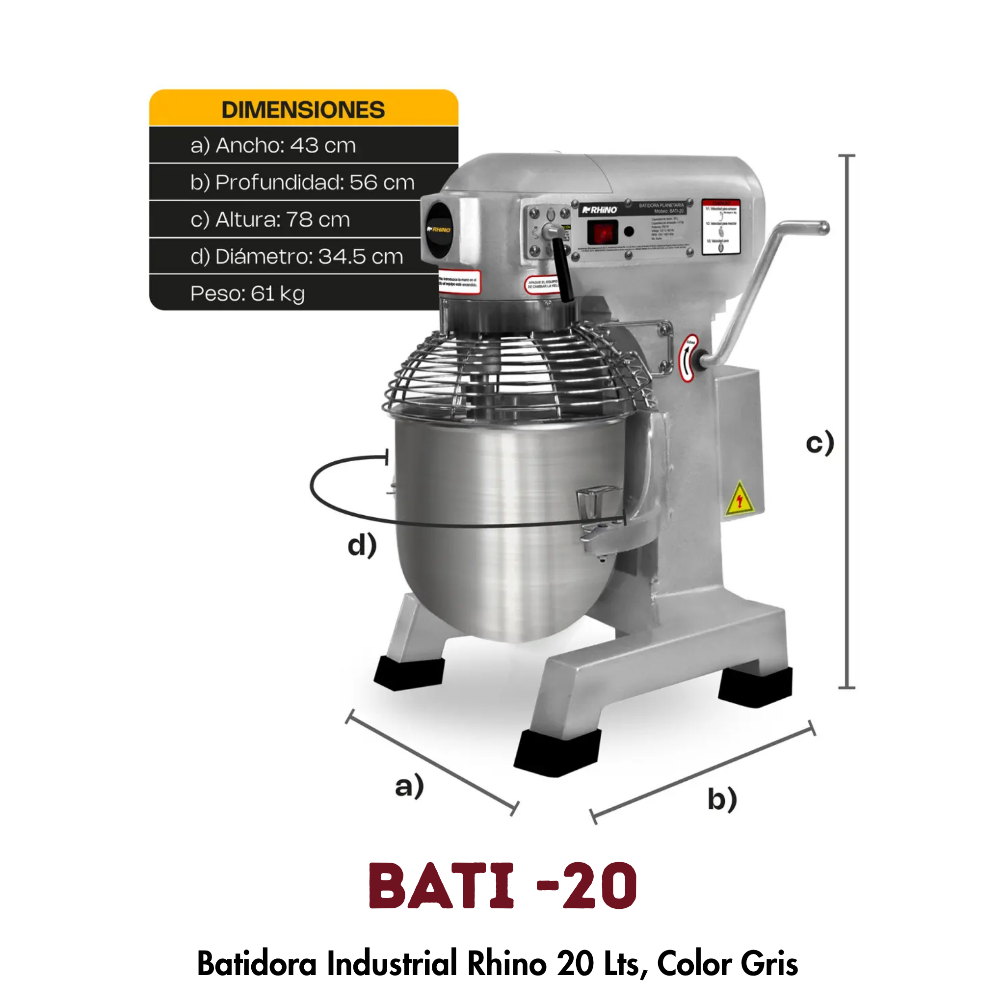 Batidora Planetaria Rhino BATI-20 | 20 Litros, Reja de Protección