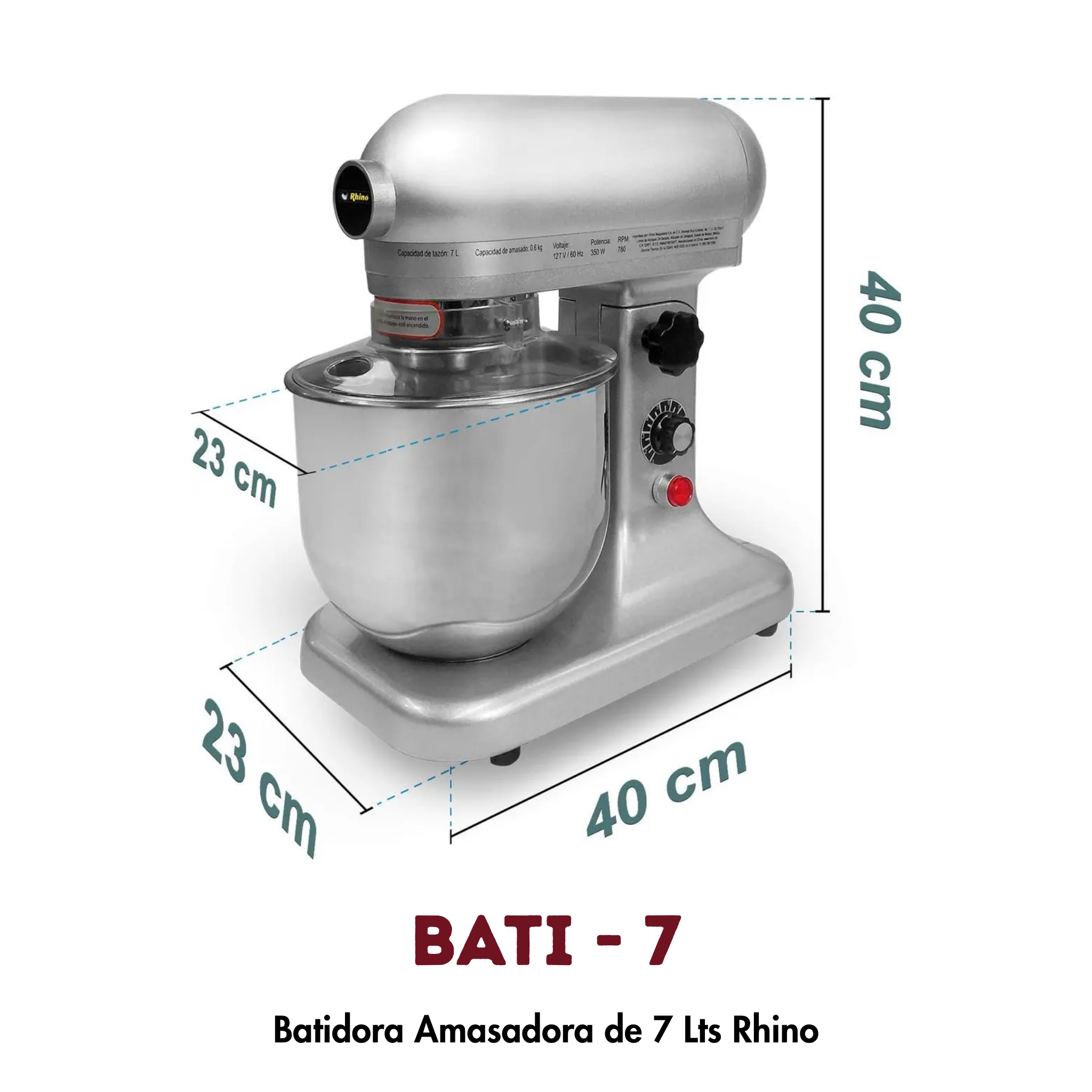 Batidora Planetaria BATI-7 Rhino | 7 Litros, 350W y 10 Velocidades