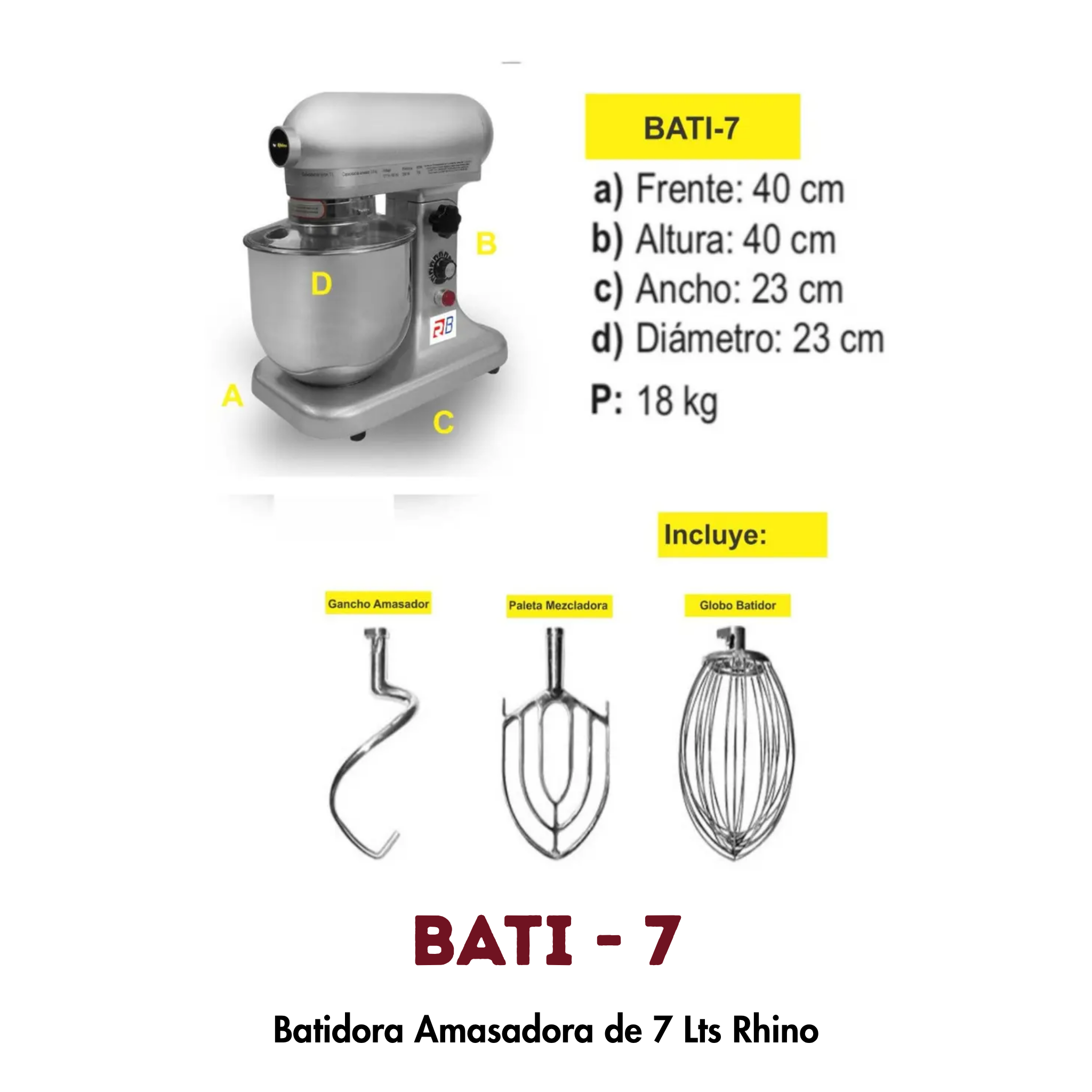 Batidora Planetaria BATI-7 Rhino | 7 Litros, 350W y 10 Velocidades