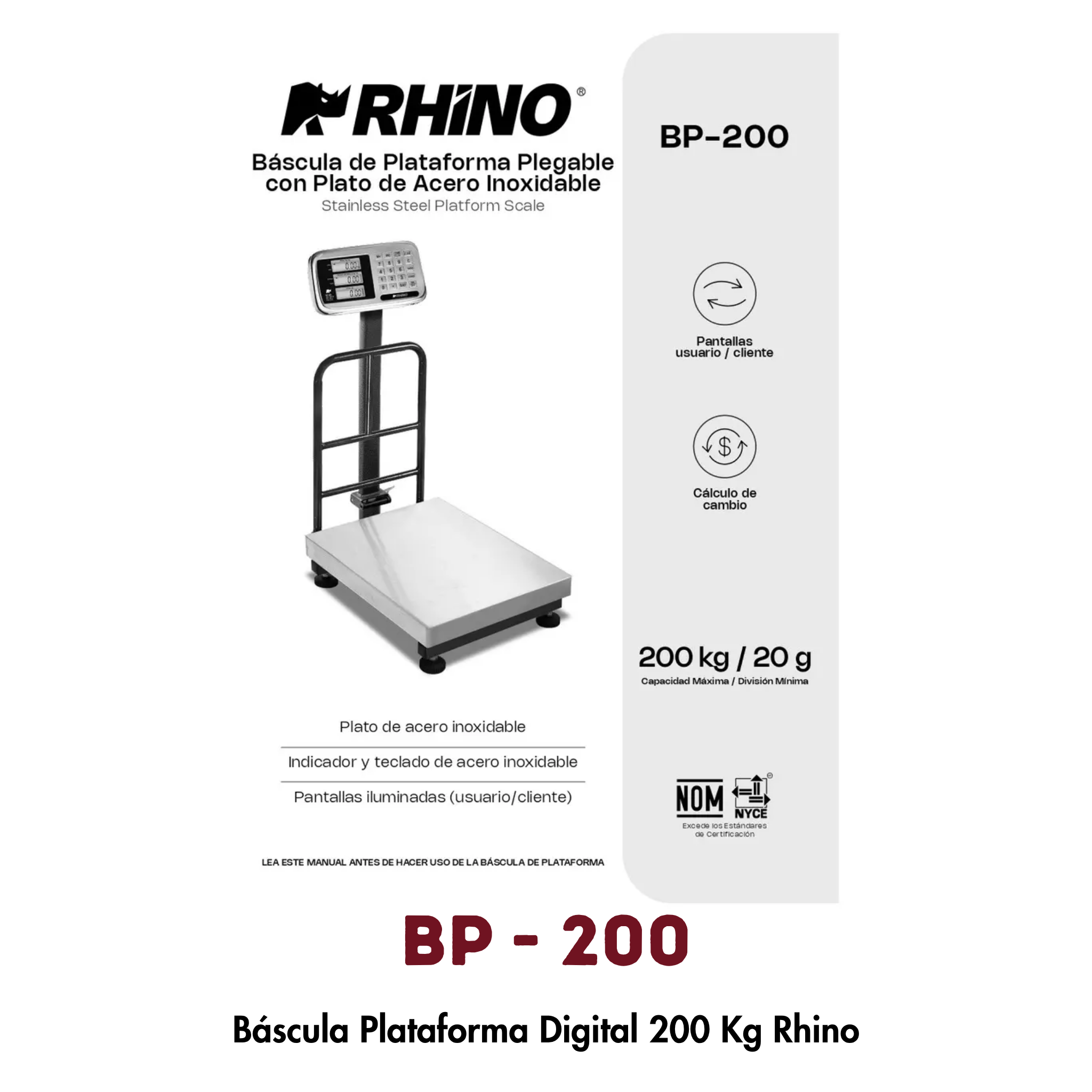 Báscula de Plataforma BP-200 Rhino | 200 kg, Función Tara y Acumulación