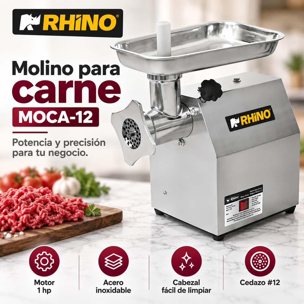 Molino para Carne Rhino MOCA-12 | 1 HP, Acero Inoxidable Grado Alimenticio | CAJA DAÑADA