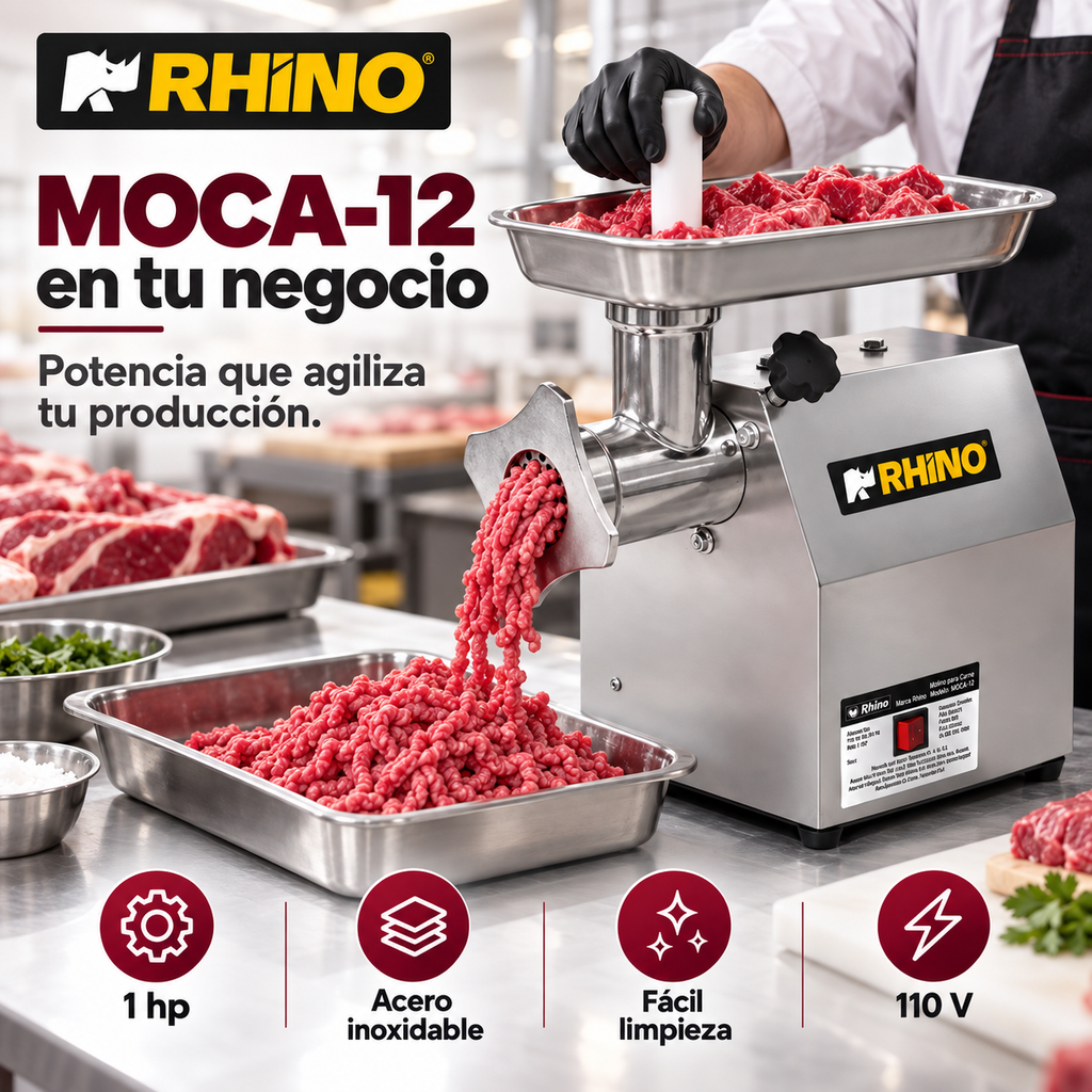 Molino para Carne Rhino MOCA-12 | 1 HP, Acero Inoxidable Grado Alimenticio | CAJA DAÑADA