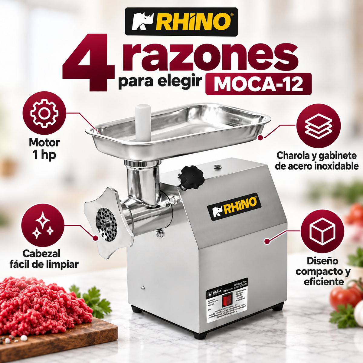 Molino para Carne Rhino MOCA-12 | 1 HP, Acero Inoxidable Grado Alimenticio | CAJA DAÑADA