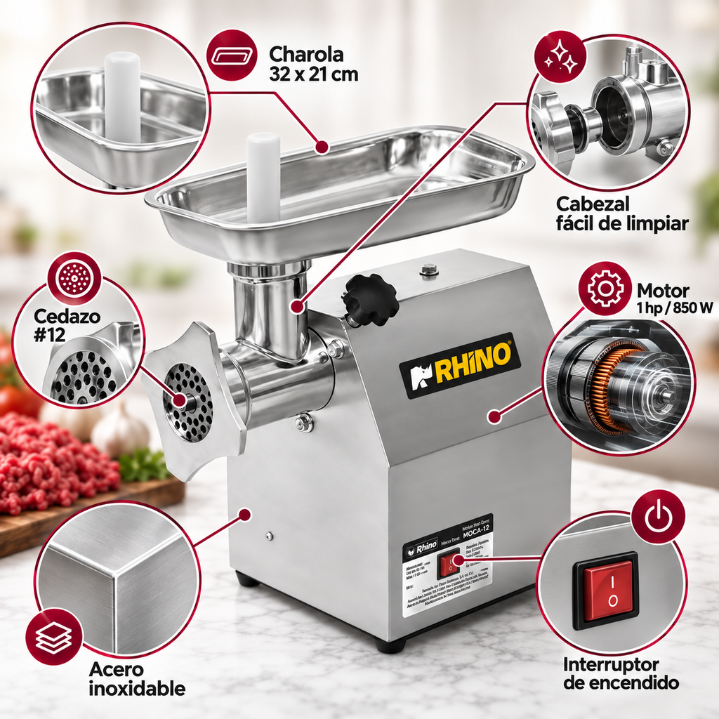 Molino para Carne Rhino MOCA-12 | 1 HP, Acero Inoxidable Grado Alimenticio | CAJA DAÑADA