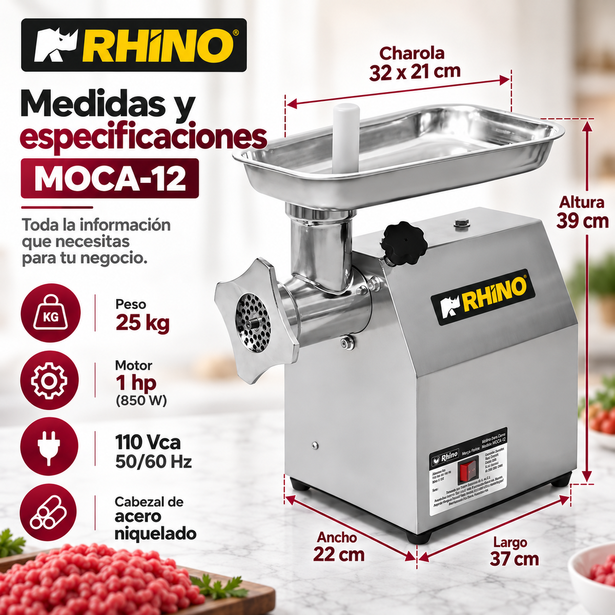 Molino para Carne Rhino MOCA-12 | 1 HP, Acero Inoxidable Grado Alimenticio | CAJA DAÑADA
