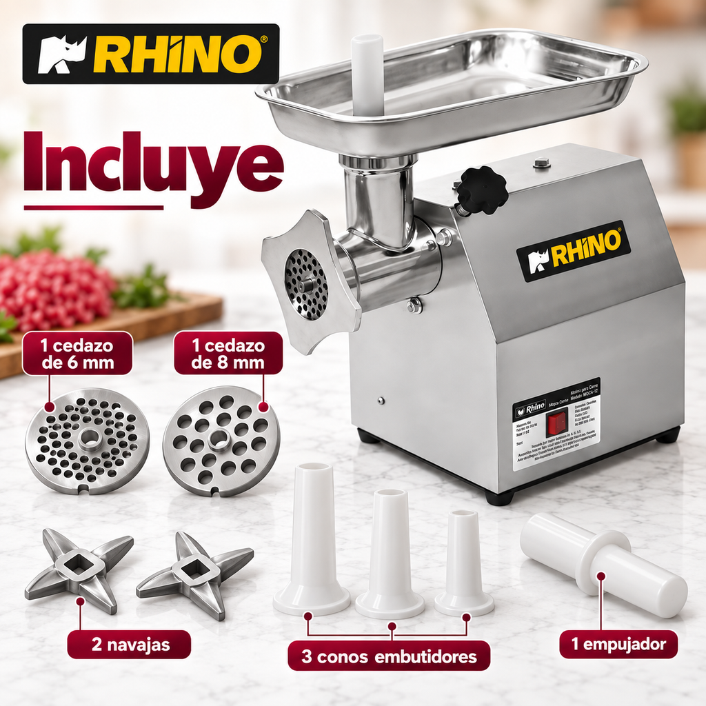Molino para Carne Rhino MOCA-12 | 1 HP, Acero Inoxidable Grado Alimenticio | CAJA DAÑADA