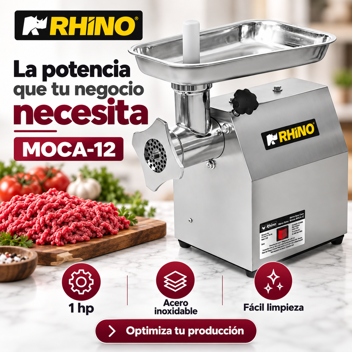 Molino para Carne Rhino MOCA-12 | 1 HP, Acero Inoxidable Grado Alimenticio | CAJA DAÑADA
