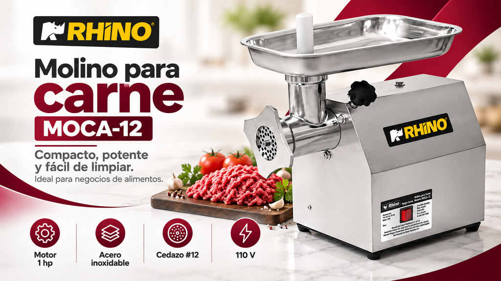 Molino para Carne Rhino MOCA-12 | 1 HP, Acero Inoxidable Grado Alimenticio | CAJA DAÑADA