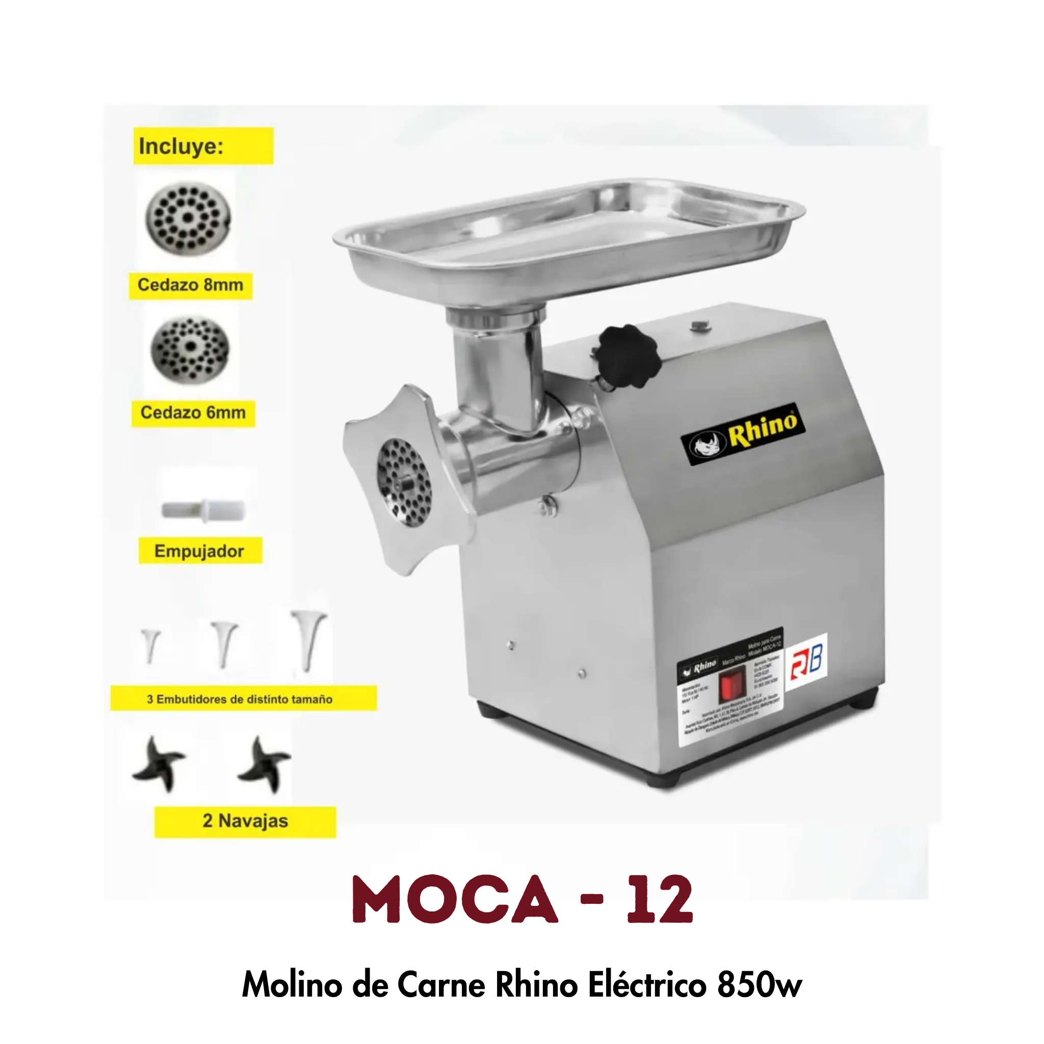 Molino para Carne Rhino MOCA-12 | 1 HP, Acero Inoxidable Grado Alimenticio