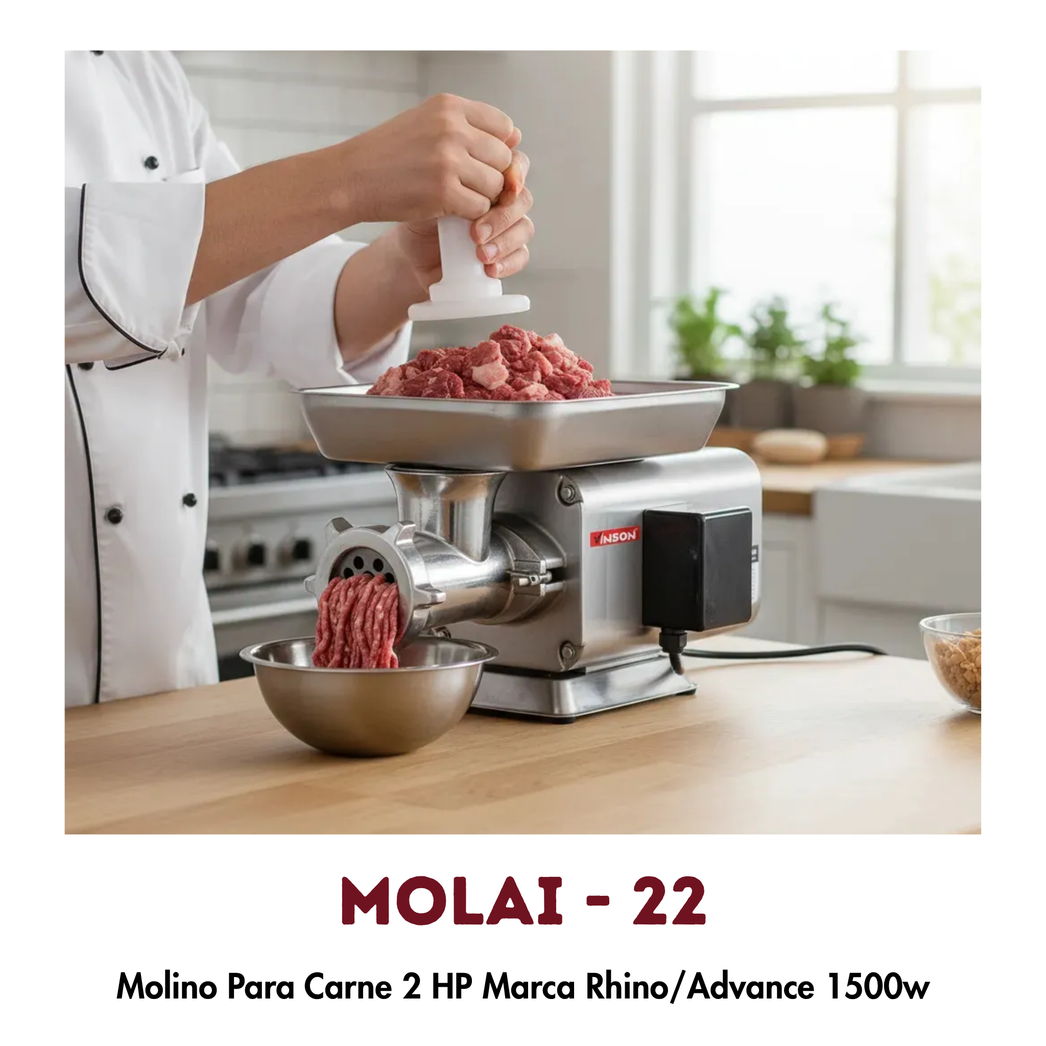 Molino para Carne Rhino MOLAI-22 | 2 HP, 300 kg/hr, Acero Inoxidable 304