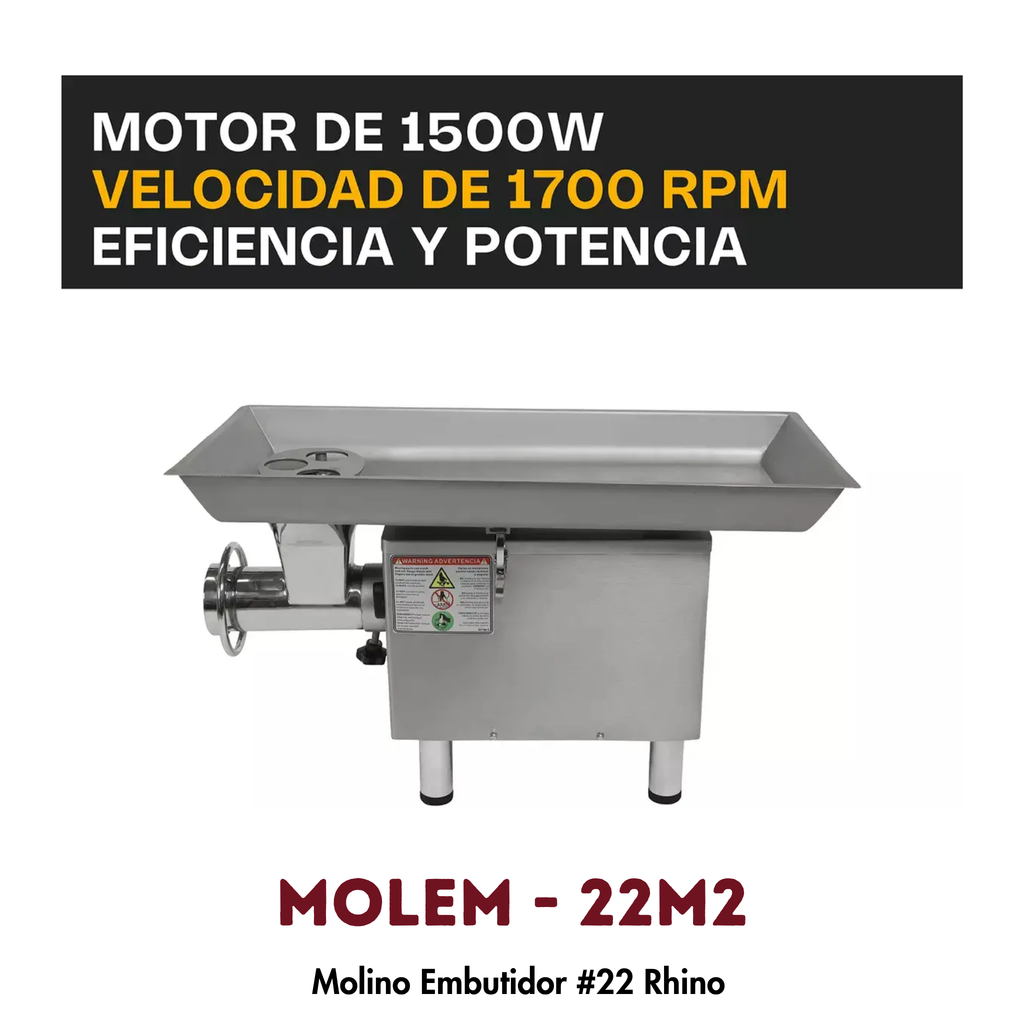 Molino Embutidor Rhino MOLEM-22M2 | 2 HP, 216 kg/hr, Acero Inoxidable