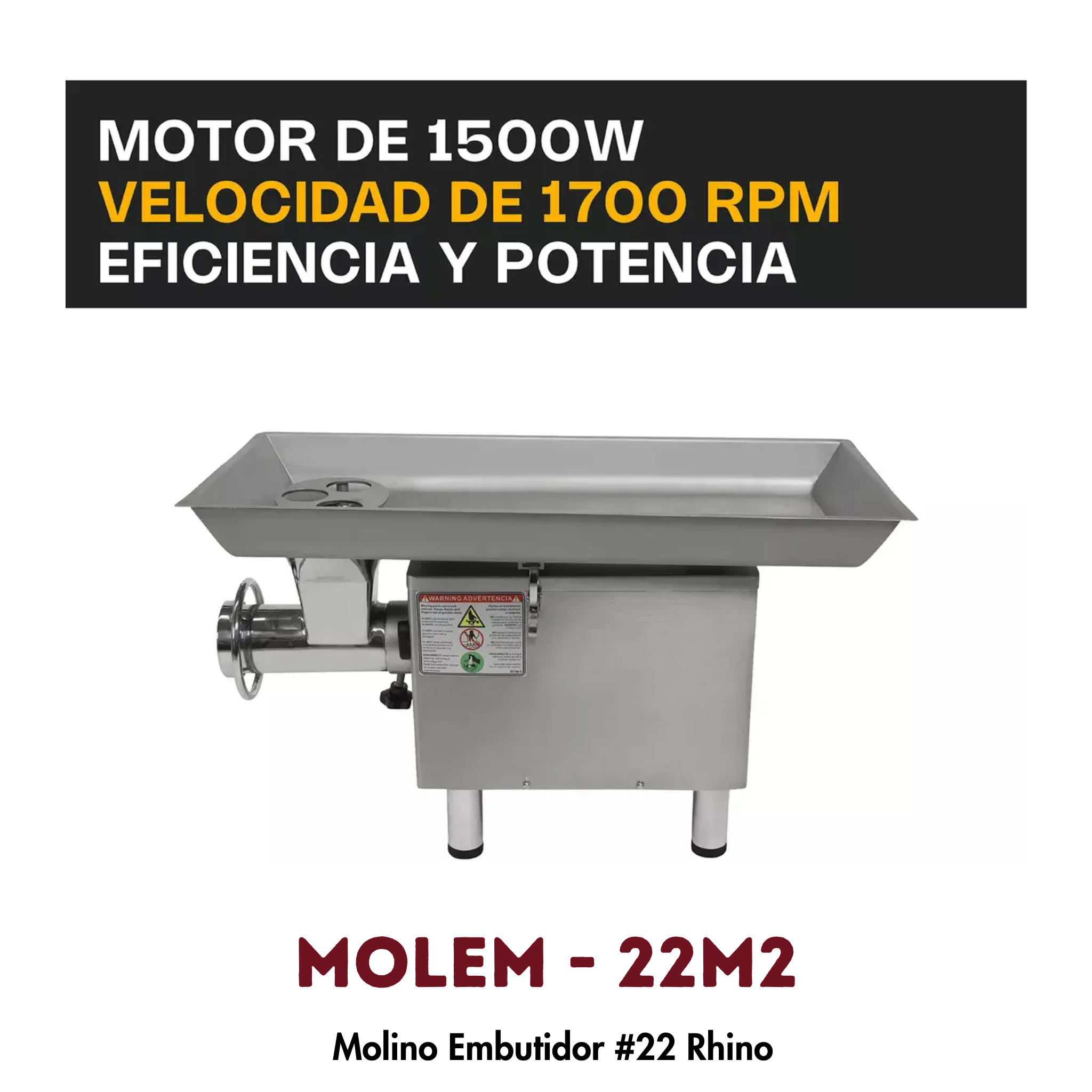 Molino Embutidor Rhino MOLEM-22M2 | 2 HP, 216 kg/hr, Acero Inoxidable