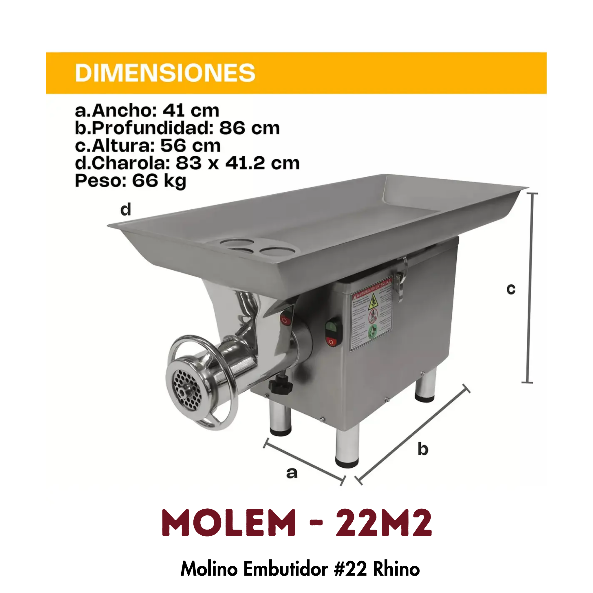 Molino Embutidor Rhino MOLEM-22M2 | 2 HP, 216 kg/hr, Acero Inoxidable