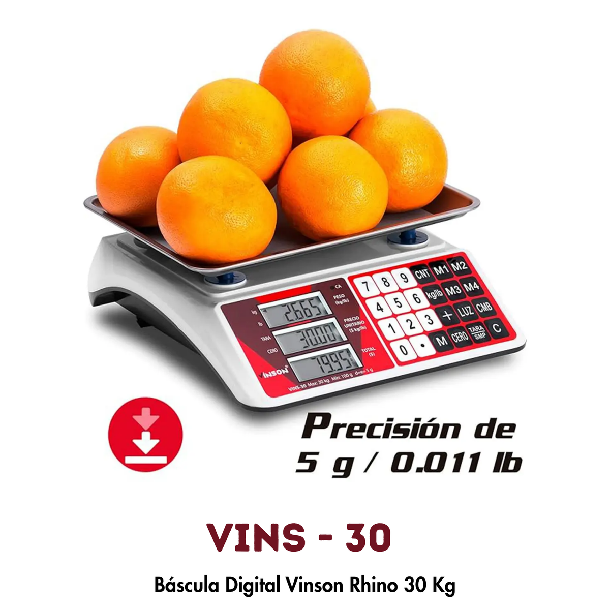 Báscula VINSON VINS-30 | 30 kg, Conteo de Piezas y 4 Memorias