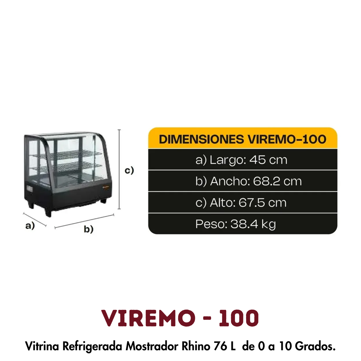 Vitrina Refrigerada VIREMO-100 | Exhibidor para Pasteles y Repostería